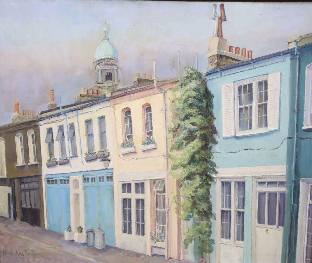 Mina Kasteiro, oil on board, Study of muse houses, signed and dated 67, 50 x 60cm